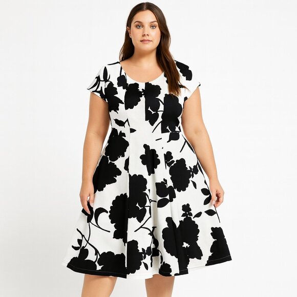 Robbie Bee Black White Floral Dress Size Large - Picture 1 of 5